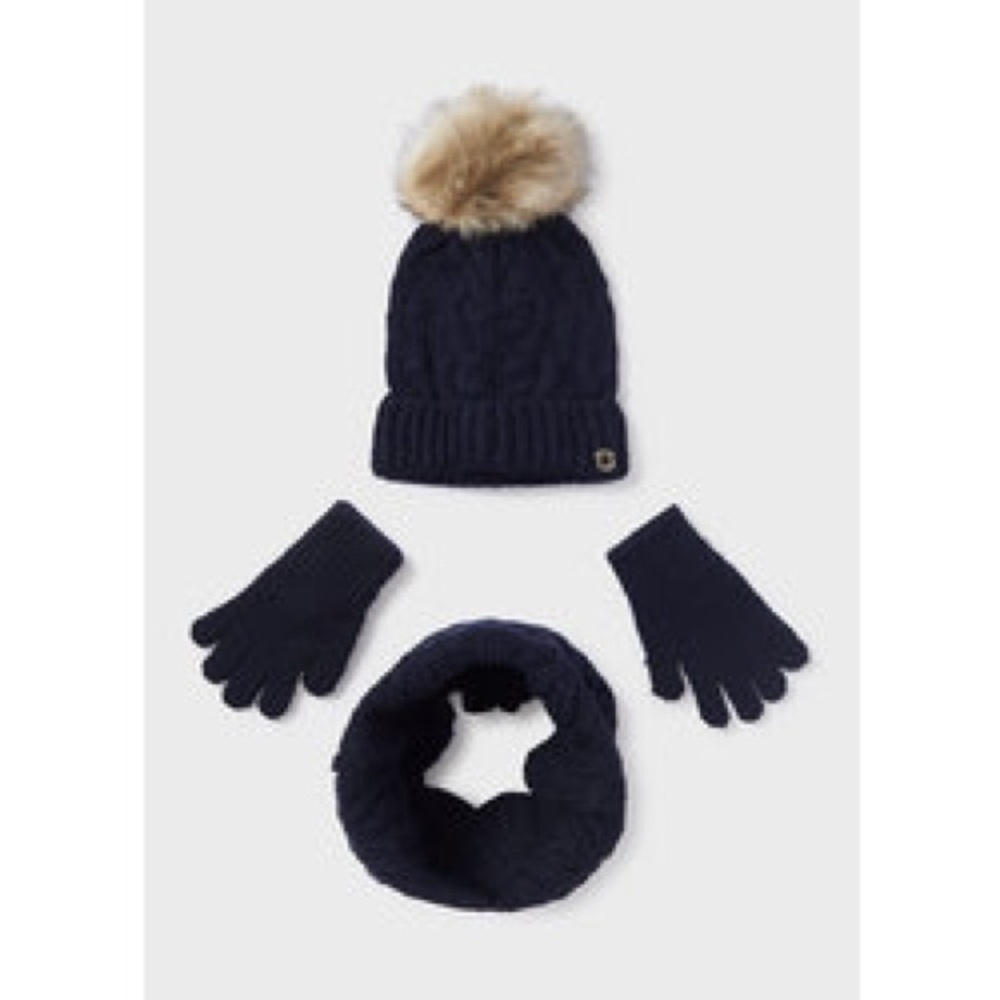 Size 8 Girls Mayoral Navy Knit Hat, Scarf, and Gloves Set